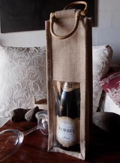 100 ct Single Bottle Burlap Gift Wine Bags with Wooden Handles & PVC Window - By Case