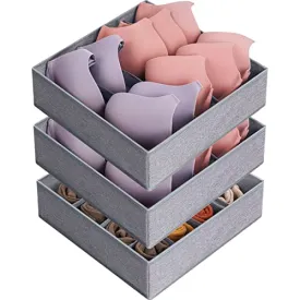 3 Pack Bra Underwear Drawer Organizer Dividers, 26 Cell Fabric Foldable Dresser Closet Organizers and Storage Boxes for Baby Clothes, Bra, Socks, Underwear, Ties (5 5 16 Slots, Grey)