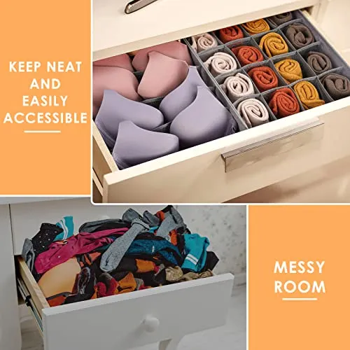 3 Pack Bra Underwear Drawer Organizer Dividers, 26 Cell Fabric Foldable Dresser Closet Organizers and Storage Boxes for Baby Clothes, Bra, Socks, Underwear, Ties (5 5 16 Slots, Grey)