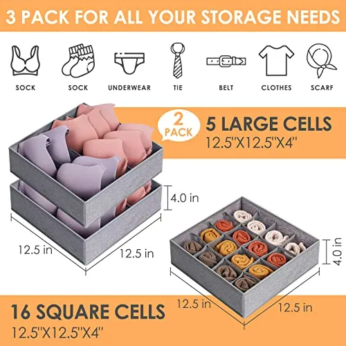 3 Pack Bra Underwear Drawer Organizer Dividers, 26 Cell Fabric Foldable Dresser Closet Organizers and Storage Boxes for Baby Clothes, Bra, Socks, Underwear, Ties (5 5 16 Slots, Grey)