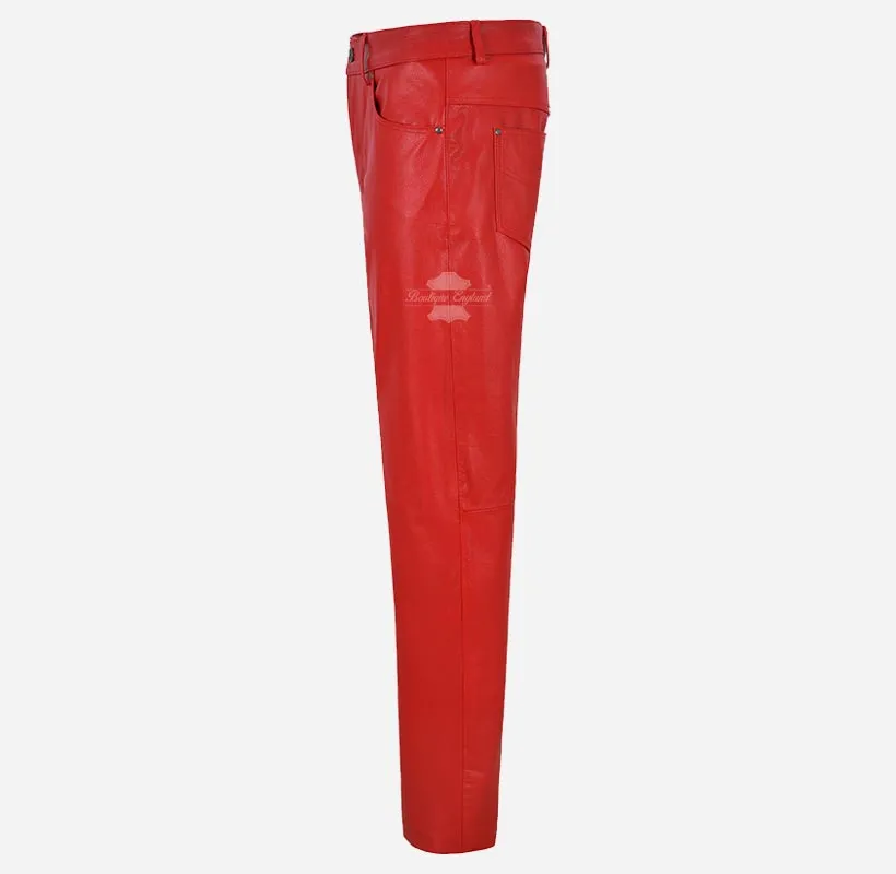 501 Leather Jeans For Men's Biker Style Cow Red Leather Pants