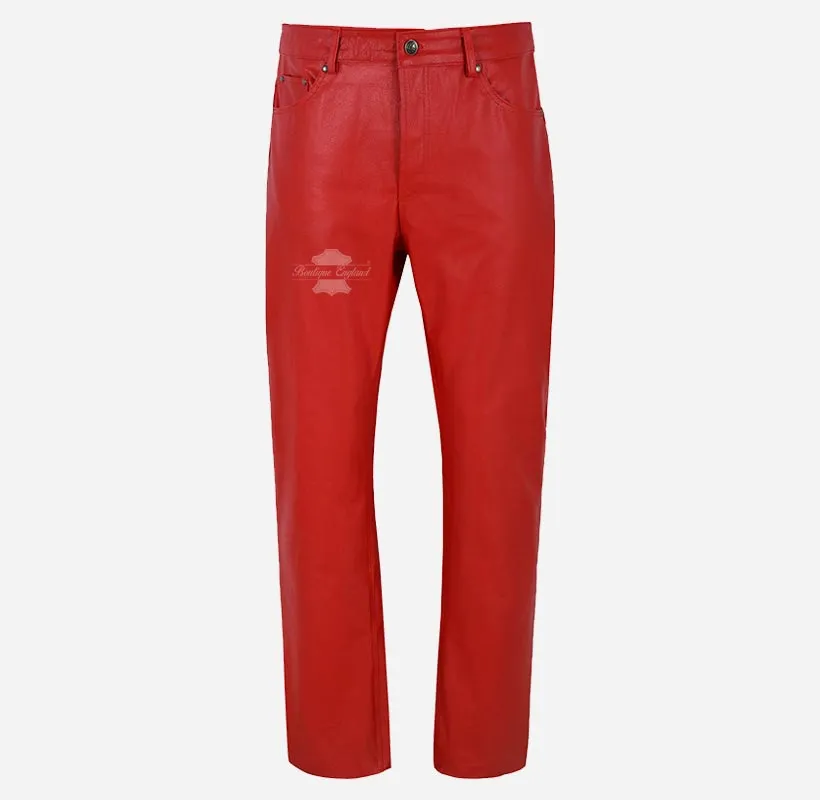 501 Leather Jeans For Men's Biker Style Cow Red Leather Pants