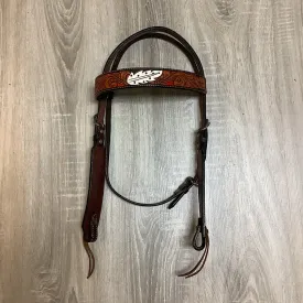 American Darling - Floral & Feather Carved Chocolate Brown & Tan Leather Headstall