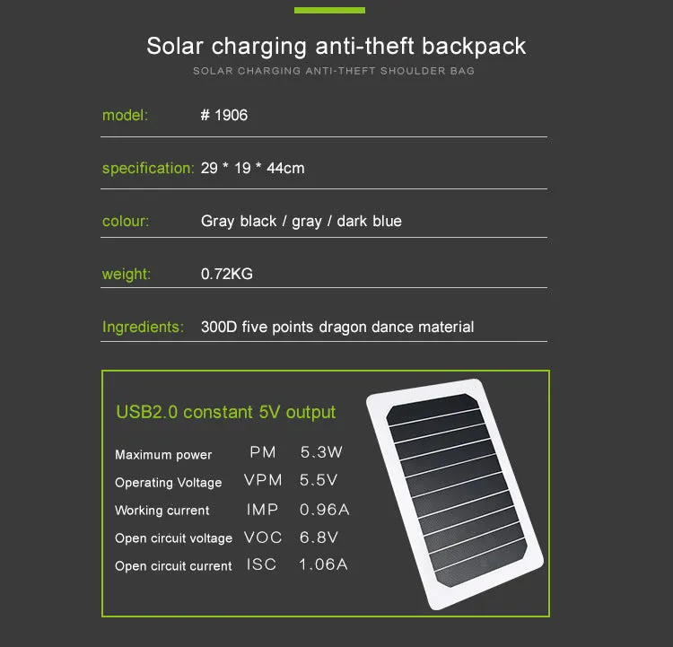 Anti-Theft Solar Powered 15" Laptop Backpack with USB Charging