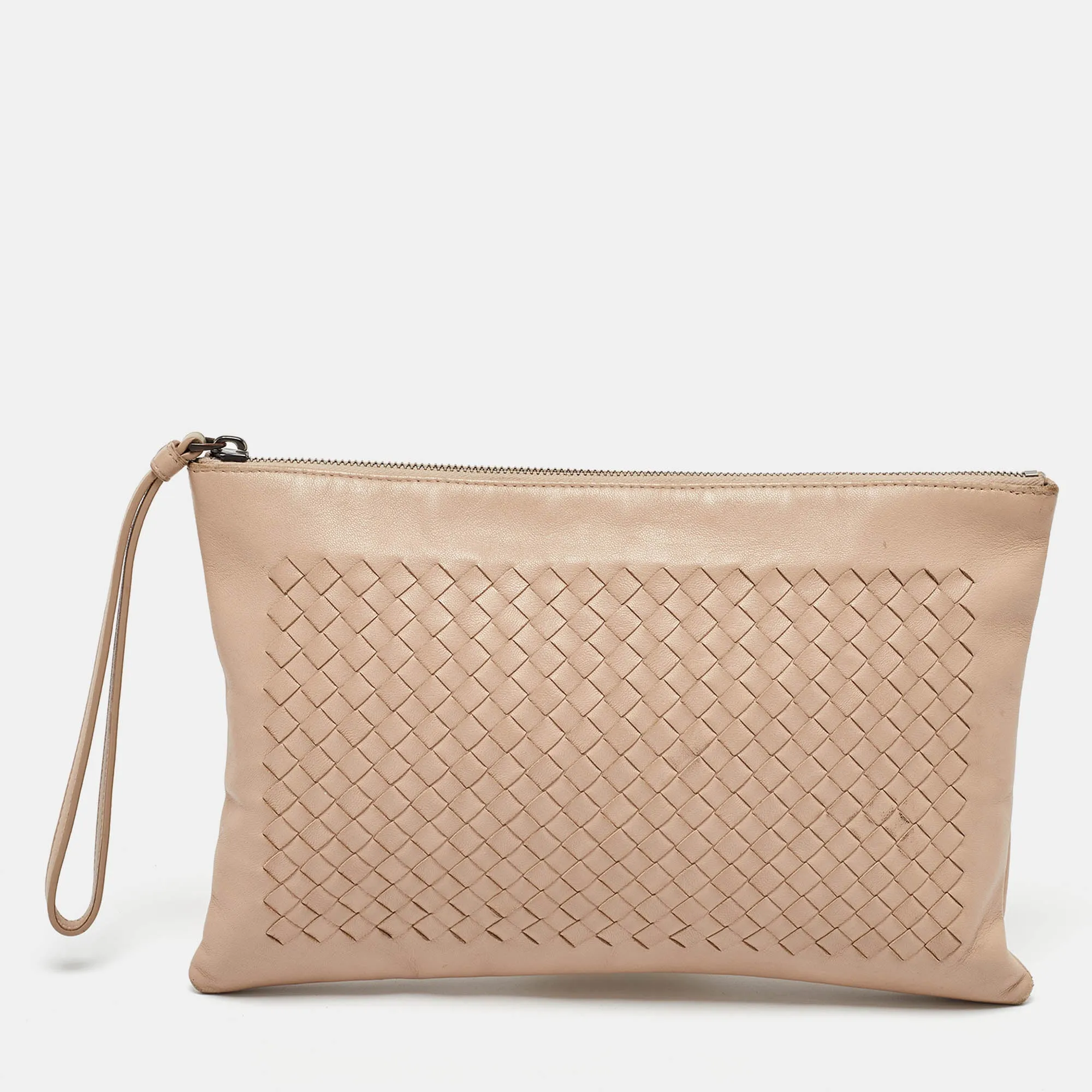 Beige Intrecciato Leather Zip Wristlet Pouch