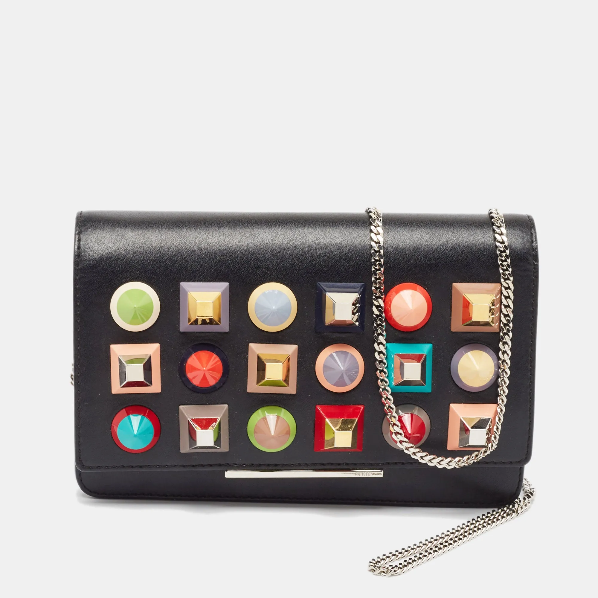 Black Leather Rainbow Stud Tube Wallet On Chain