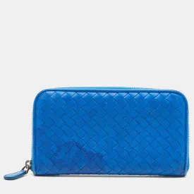 Blue Intrecciato Leather Zip Around Wallet