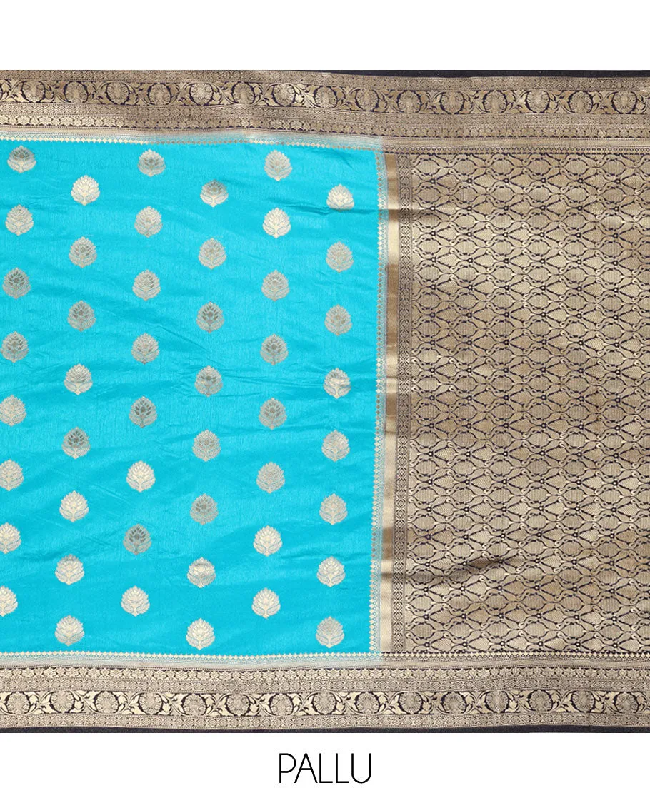 Blue Semi banaras dola saree with unique buttas, contrast border of traditional designs & pallu of intricate designs