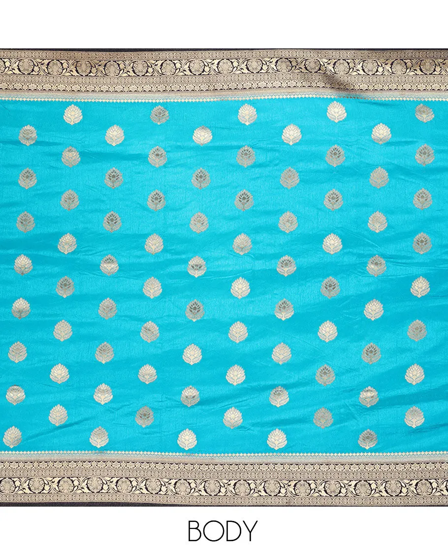 Blue Semi banaras dola saree with unique buttas, contrast border of traditional designs & pallu of intricate designs