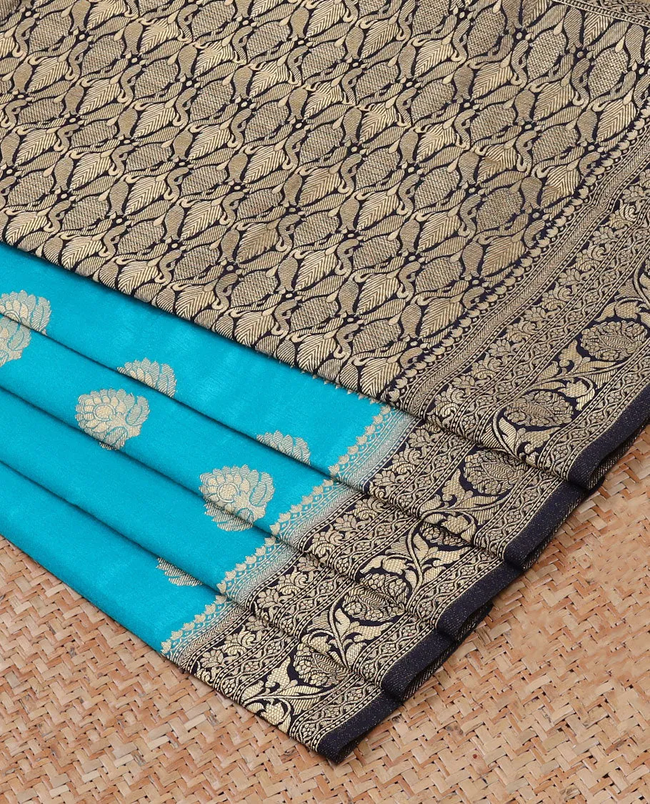 Blue Semi banaras dola saree with unique buttas, contrast border of traditional designs & pallu of intricate designs