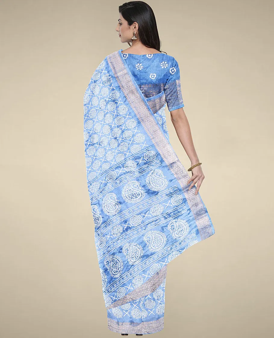 Blue unique motifs printed semi banaras dola saree, self-border & pallu of paisley designs