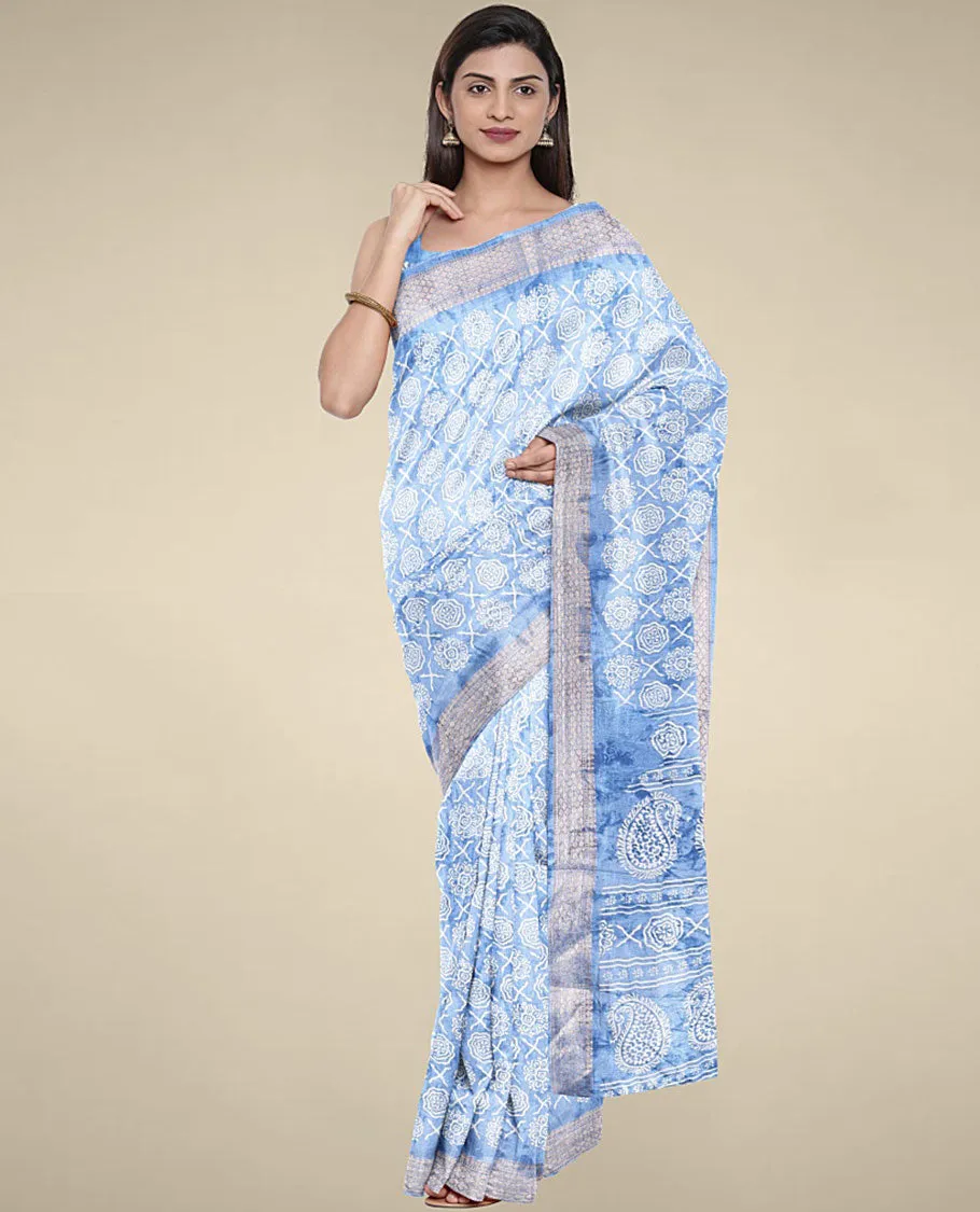 Blue unique motifs printed semi banaras dola saree, self-border & pallu of paisley designs