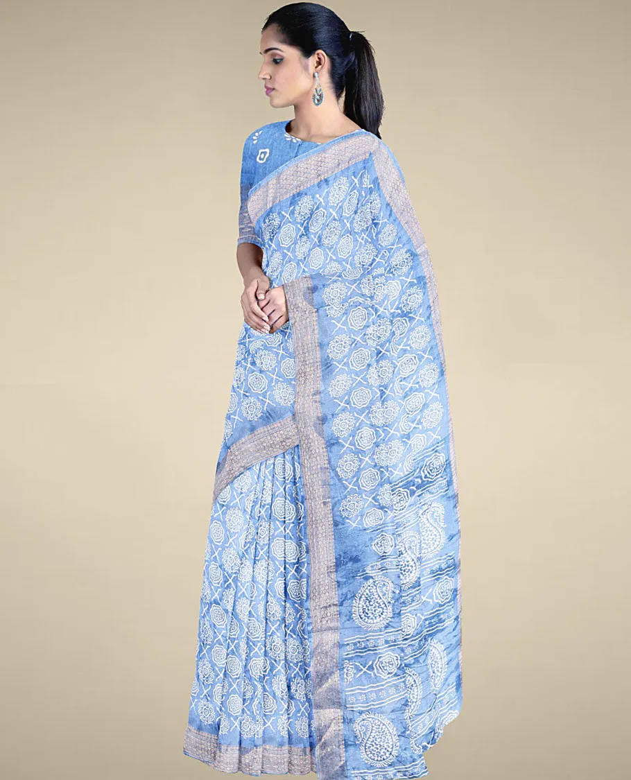 Blue unique motifs printed semi banaras dola saree, self-border & pallu of paisley designs