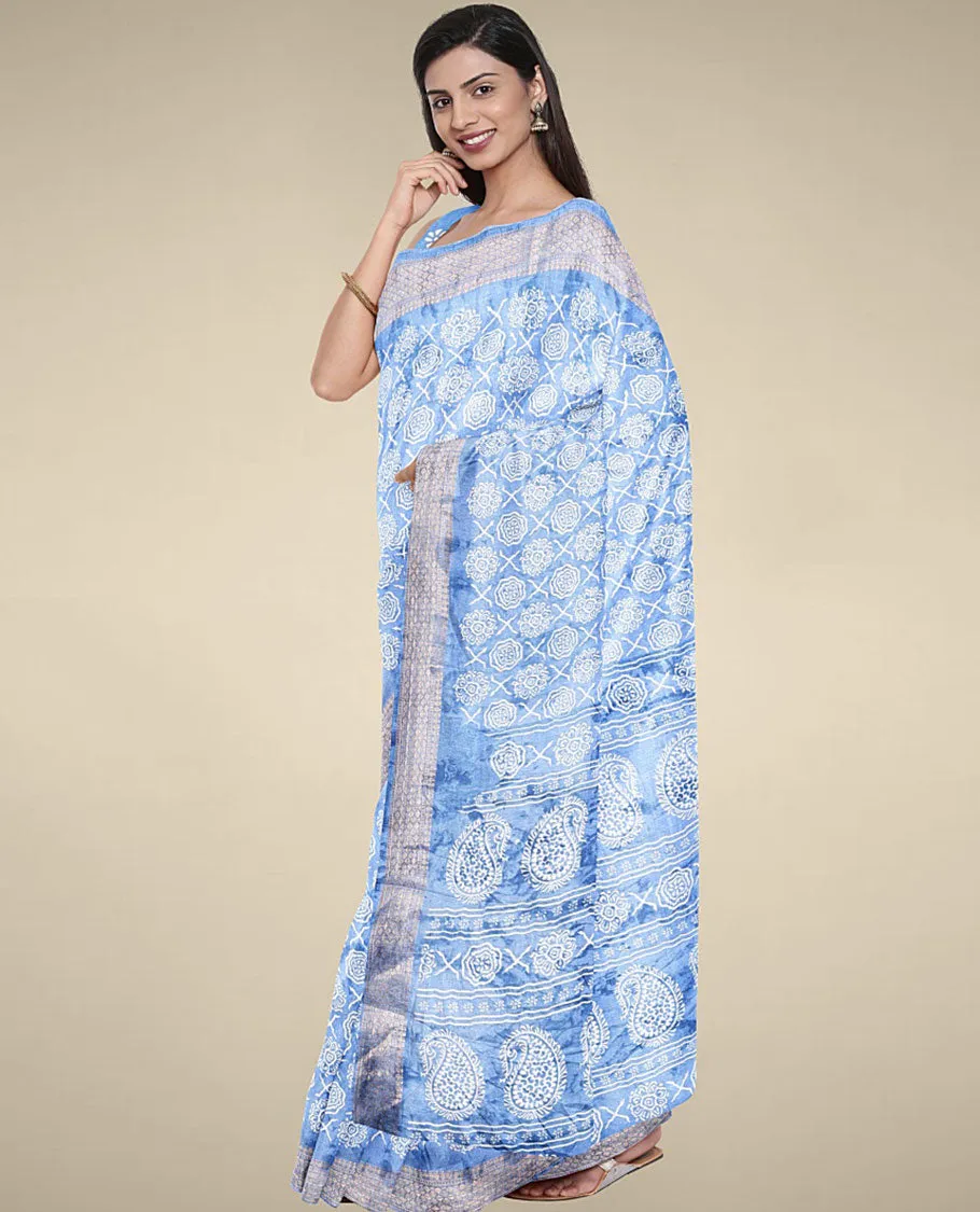 Blue unique motifs printed semi banaras dola saree, self-border & pallu of paisley designs