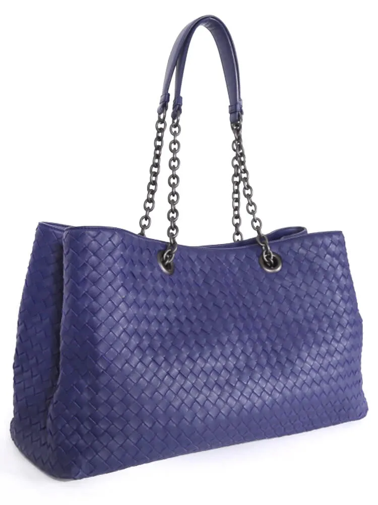 BOTTEGA VENETA INTRECCIATO LEATHER DOUBLE CHAIN TOTE ATLANTIC