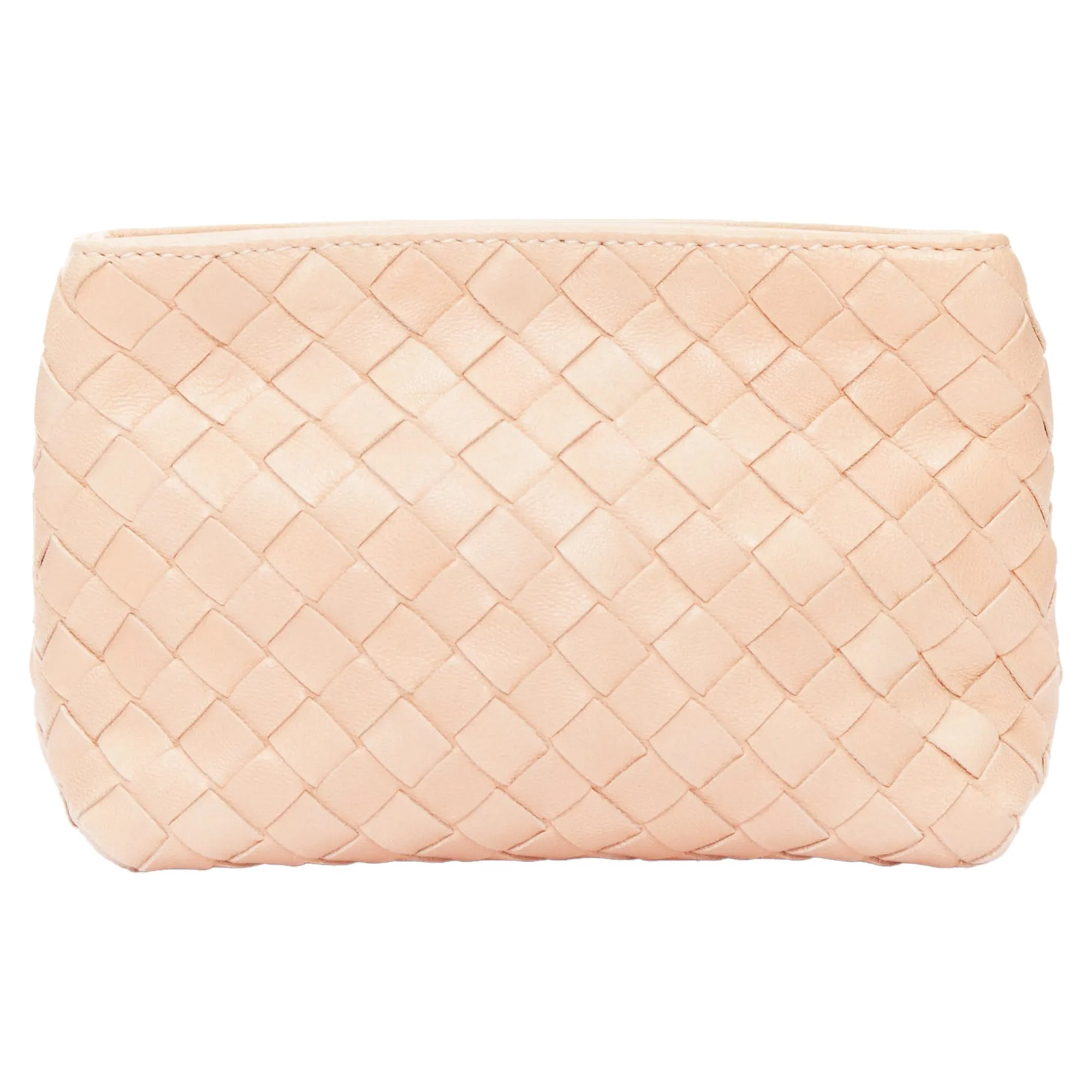 Bottega Veneta light nude intrecciato leather woven zip pouch