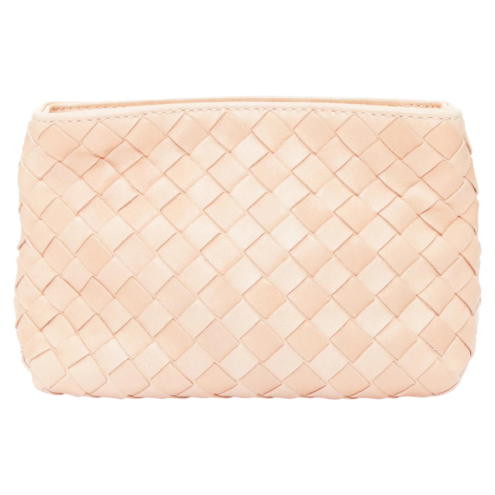 Bottega Veneta light nude intrecciato leather woven zip pouch