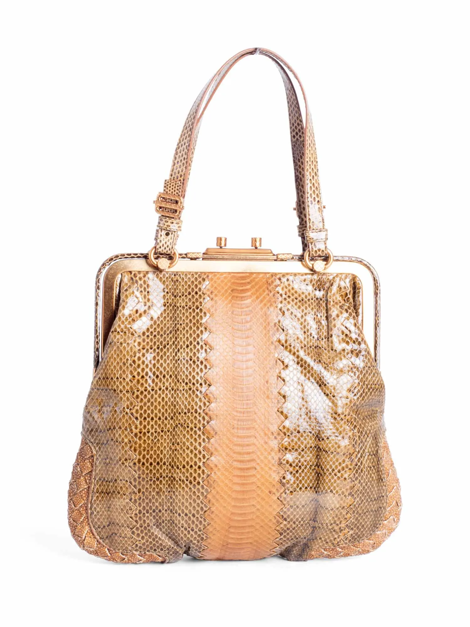 Bottega Veneta Snakeskin Intercciato Leather Top Handle Bag Brown