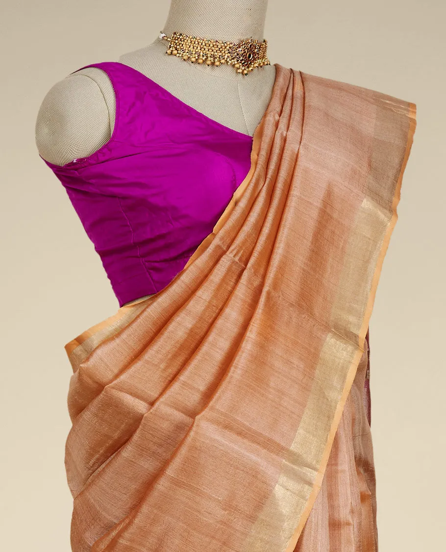 Brown dupion saree with unique buttas, plain border & contrast pallu with unique designs