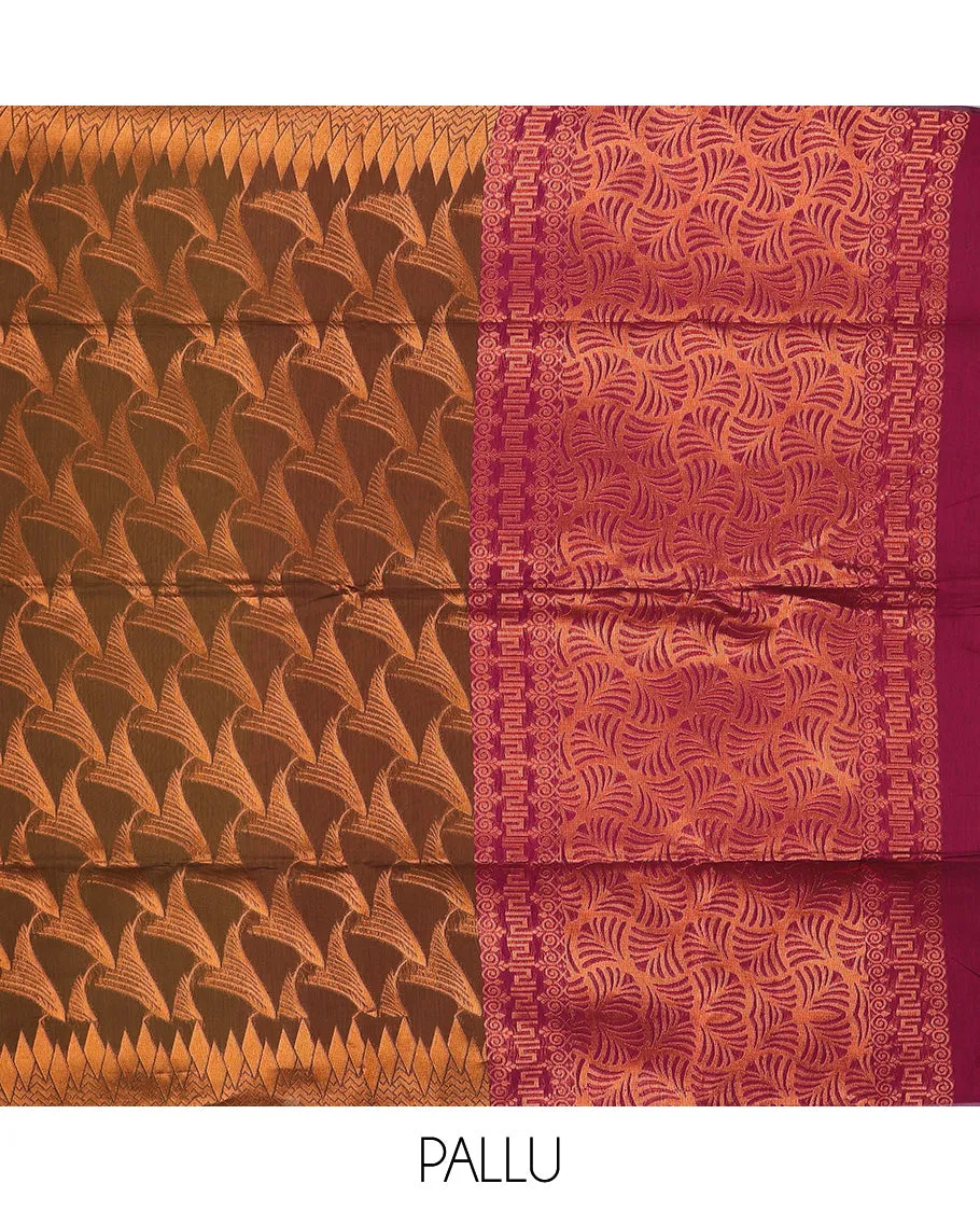 Brown semi-silk cotton saree with unique designs, zari border & contrast pallu of intricate designs