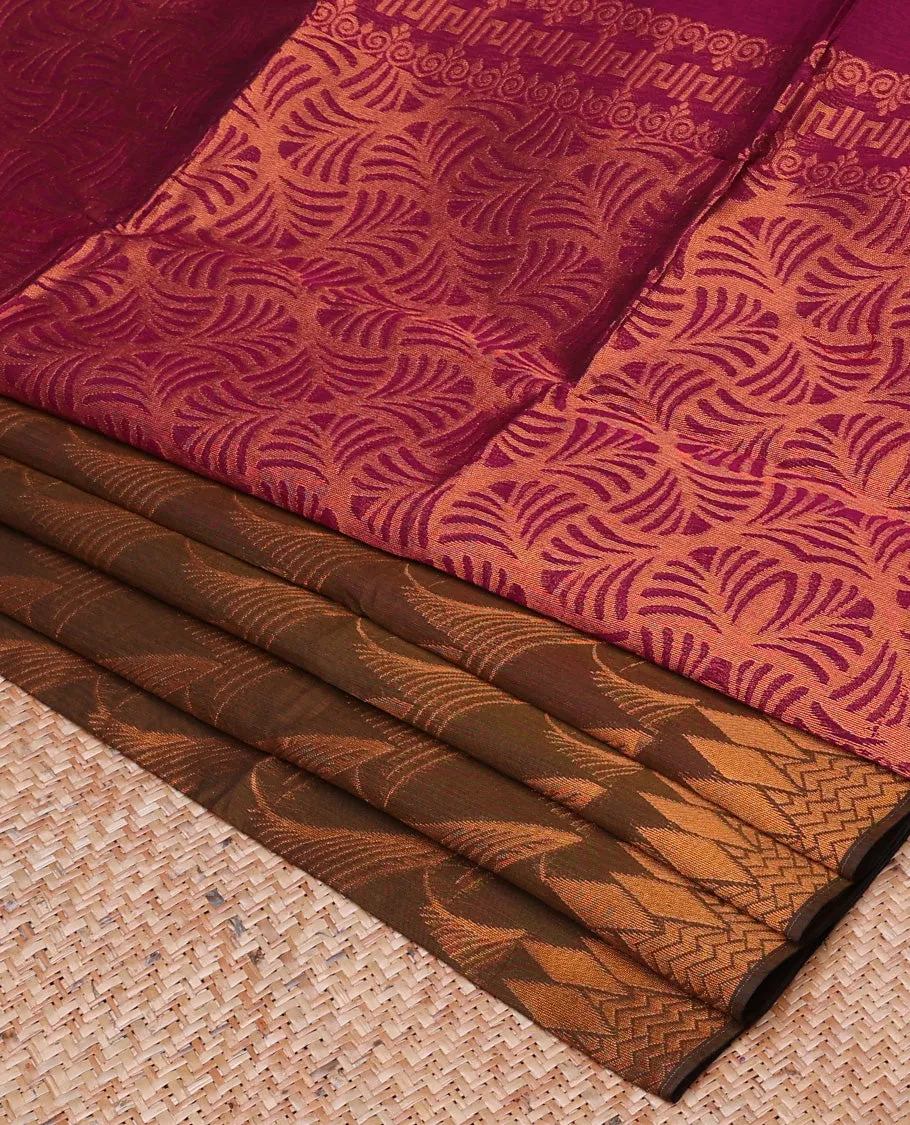 Brown semi-silk cotton saree with unique designs, zari border & contrast pallu of intricate designs