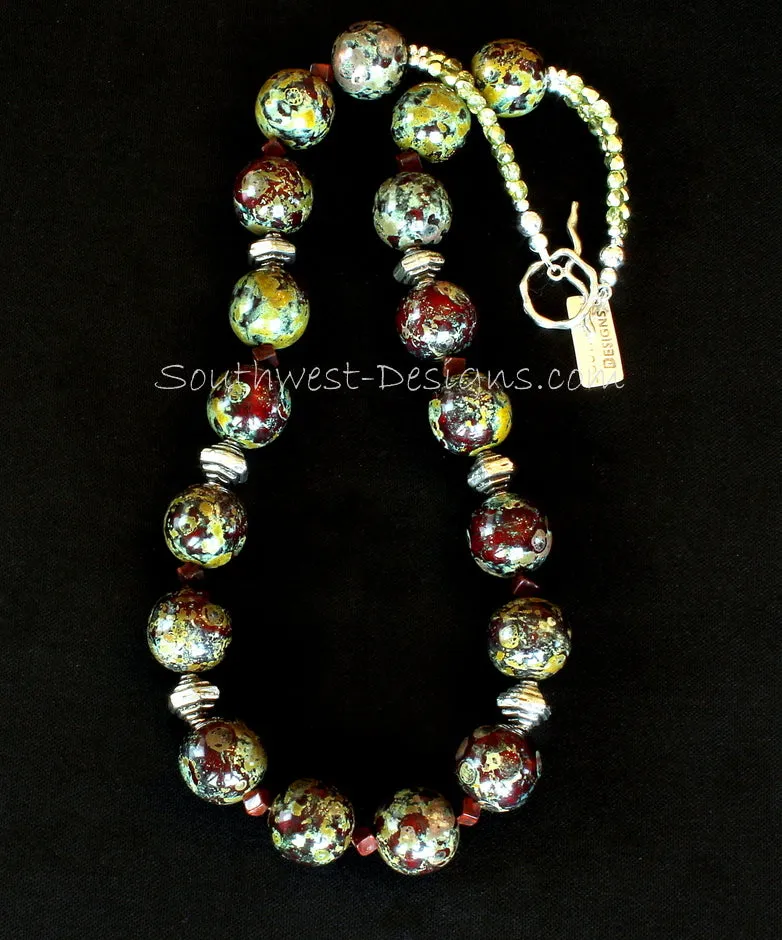 Burgundy, Gold and Moss Green Art Glass Necklace with Fire Polished Glass, Sterling Silver Tiered Bicones, and Wavy Sterling Toggle Clasp