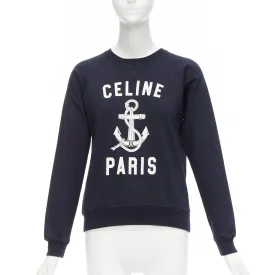 CELINE Anchor navy cotton cashmere logo print crew long sleeve sweatshirt XS