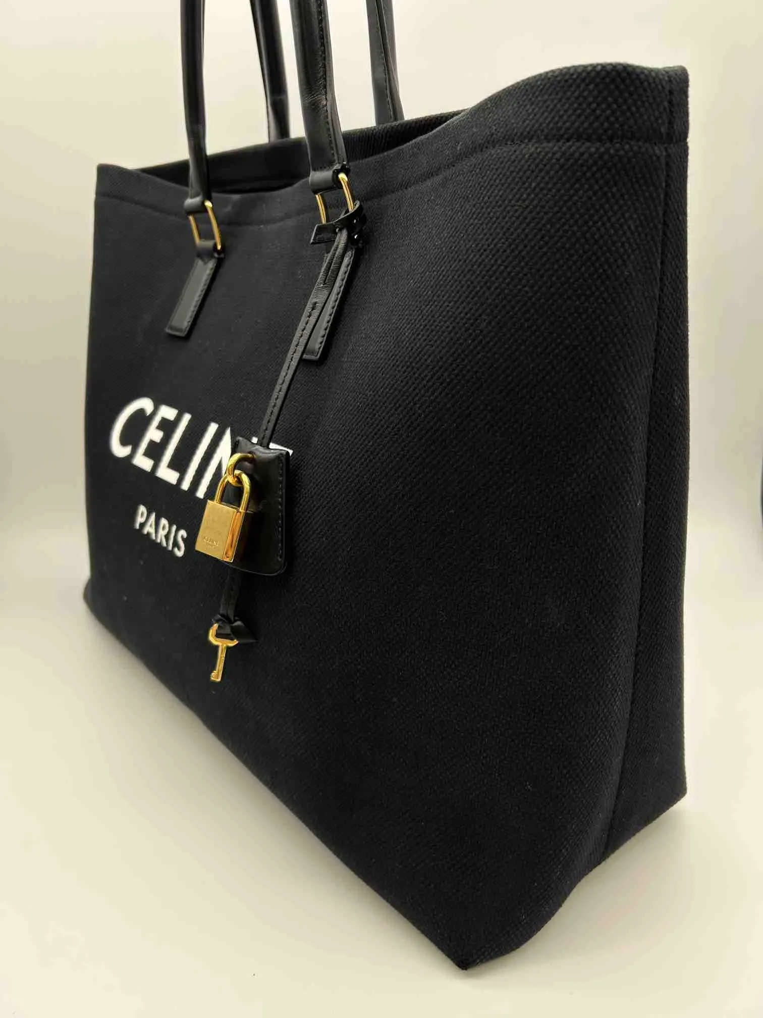 Celine Horizontal Cabast Tote Bag, Black Canvas & Leather