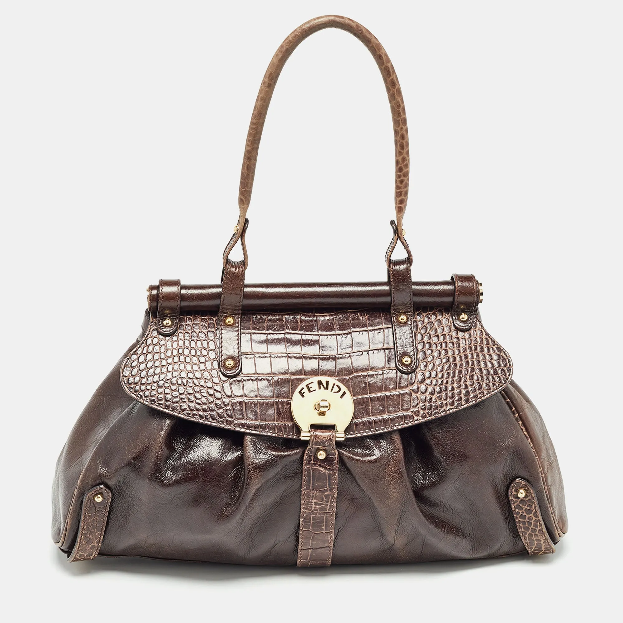 Choco Brown Crocodile and Leather Magic Top Handle Bag