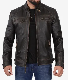 Claude Mens Biker Brown Quilted Distressed Leather Jacket