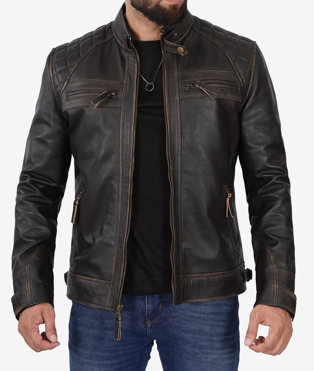 Claude Mens Biker Brown Quilted Distressed Leather Jacket