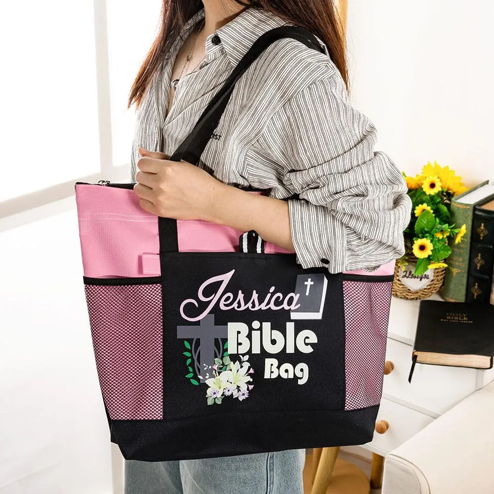 Custom Name Christian Tote Bags Bible Bag with Flower Faith Bag Church Tote Bag Christian Gifts for Girls Women Personalized Religious Tote Bag for Her Bible Tote Bag Religious Canvas Bag