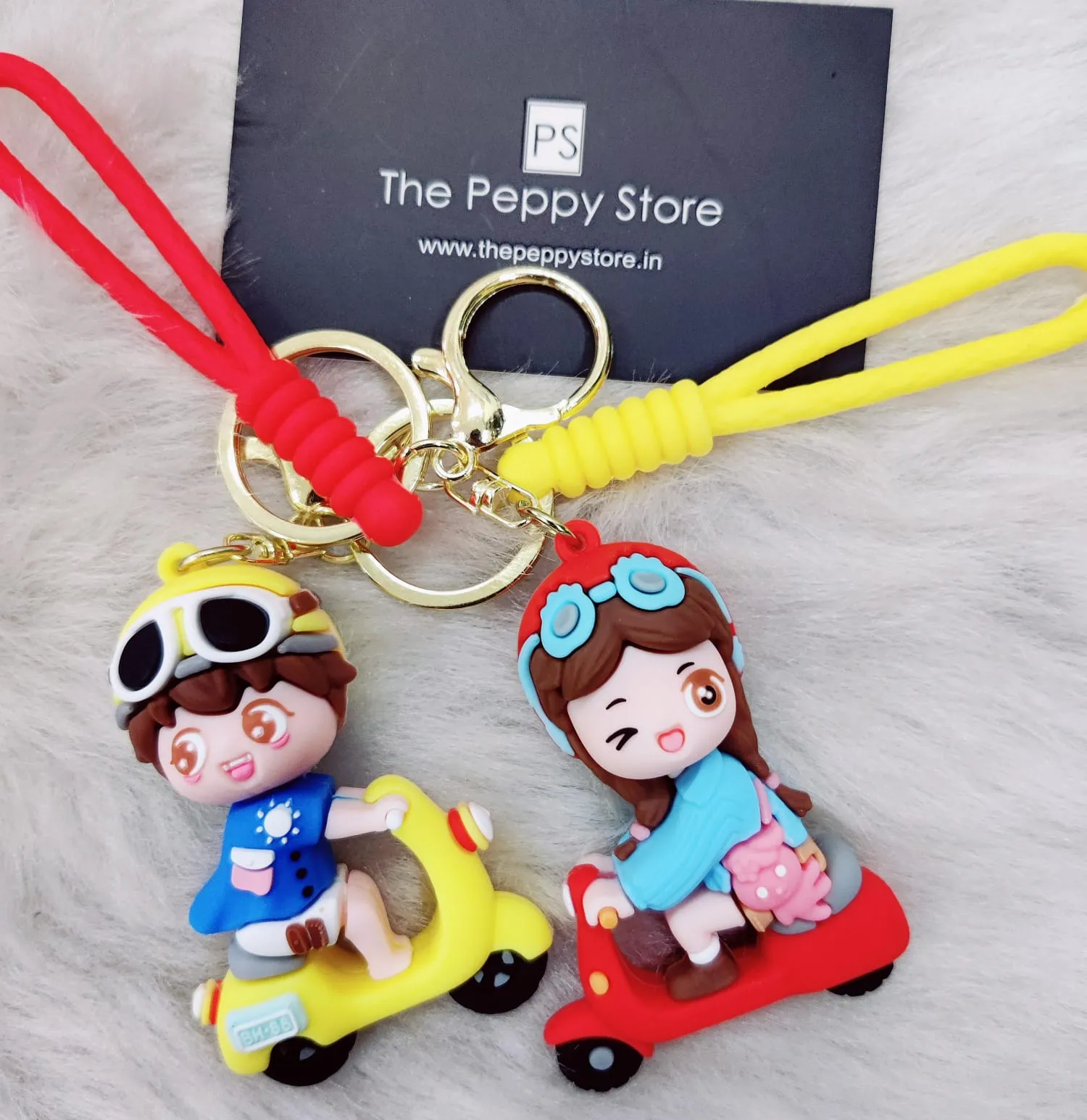 Cute Boy and Girl On Scooty Couple Keychain With Bagcharm and Strap (Set Of 2)