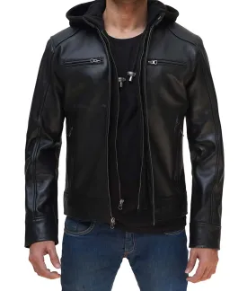 Dodge Mens Black Cafe Racer Leather Jacket With Removable Hood