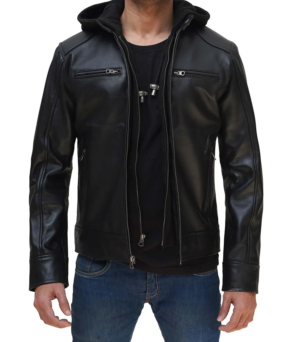 Dodge Mens Black Cafe Racer Leather Jacket With Removable Hood