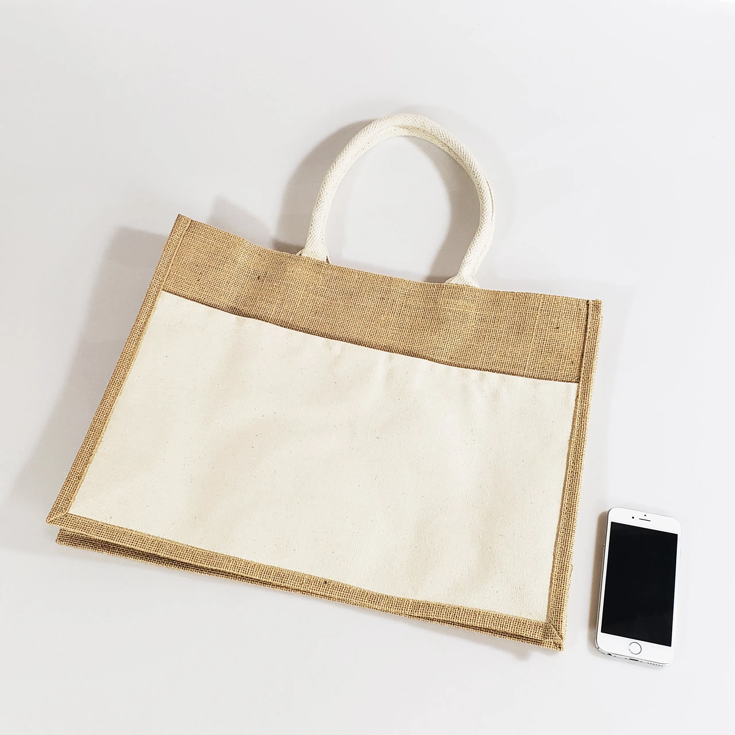 Easy-to-Decorate Jute Tote Bags with Canvas Front Pocket - TJ314