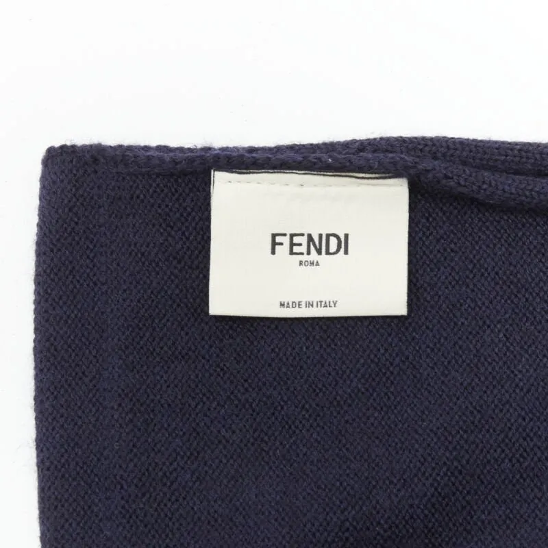 FENDI 100% wool navy blue Signature Monster Eyes purple fur trimmed scarf