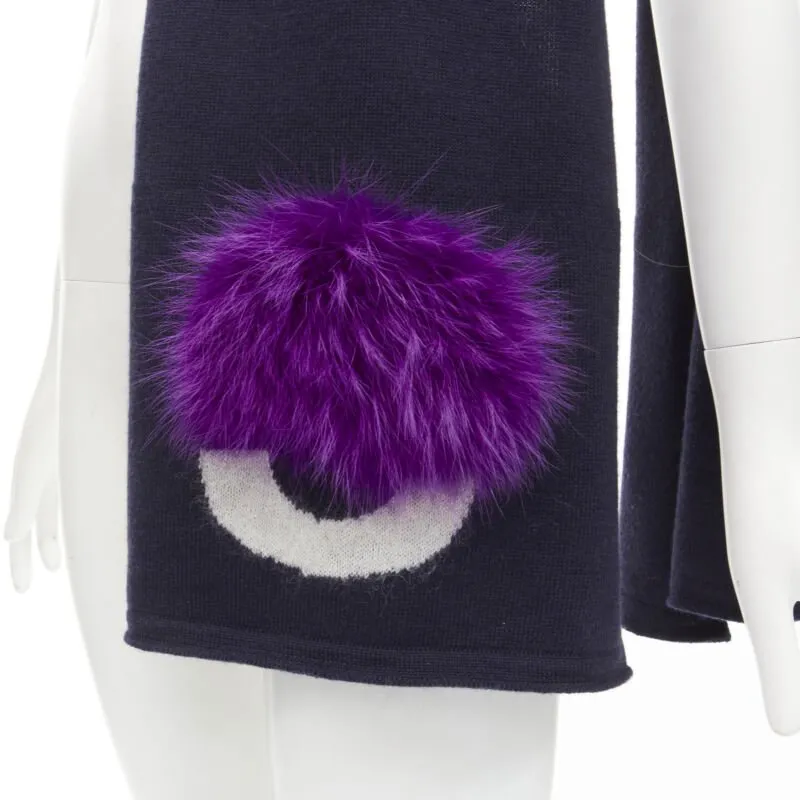 FENDI 100% wool navy blue Signature Monster Eyes purple fur trimmed scarf