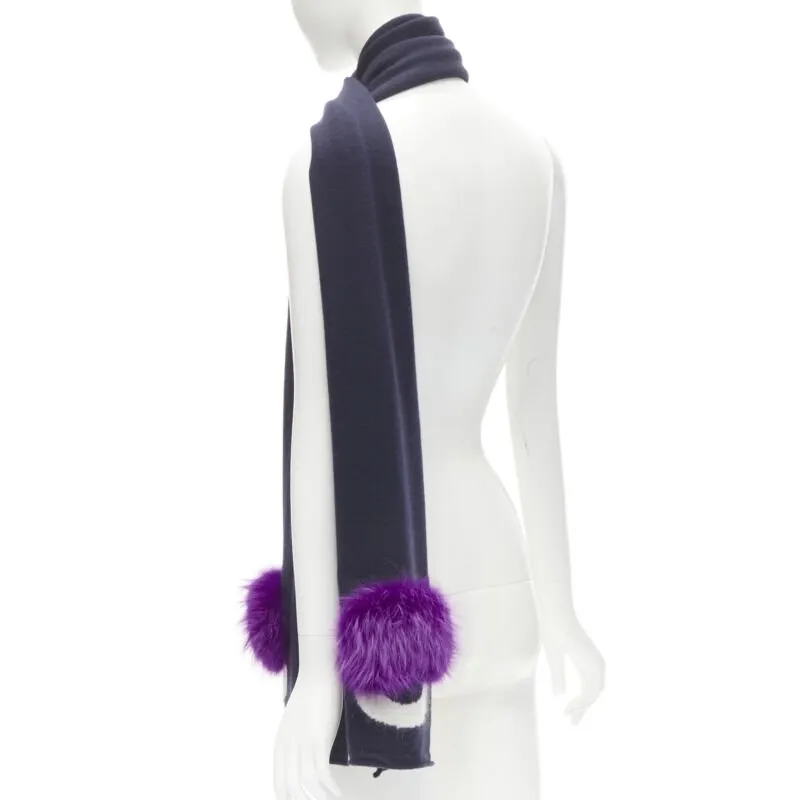 FENDI 100% wool navy blue Signature Monster Eyes purple fur trimmed scarf