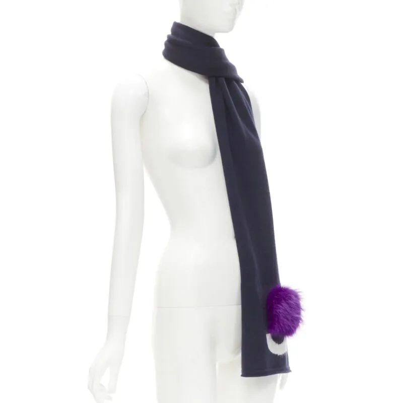 FENDI 100% wool navy blue Signature Monster Eyes purple fur trimmed scarf