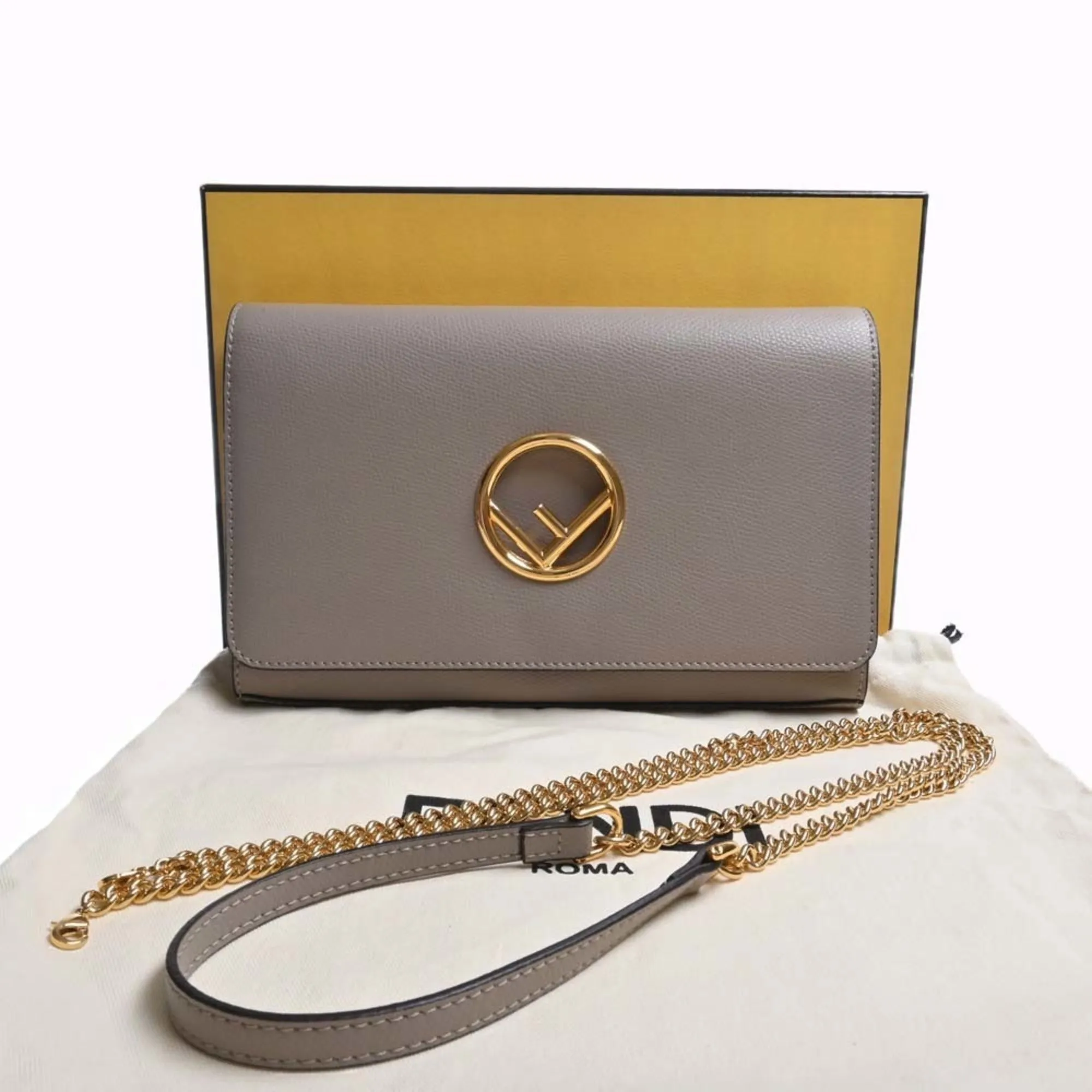 FENDI F's Leather Chain Shoulder Long Wallet 8BS004 Greige Ladies