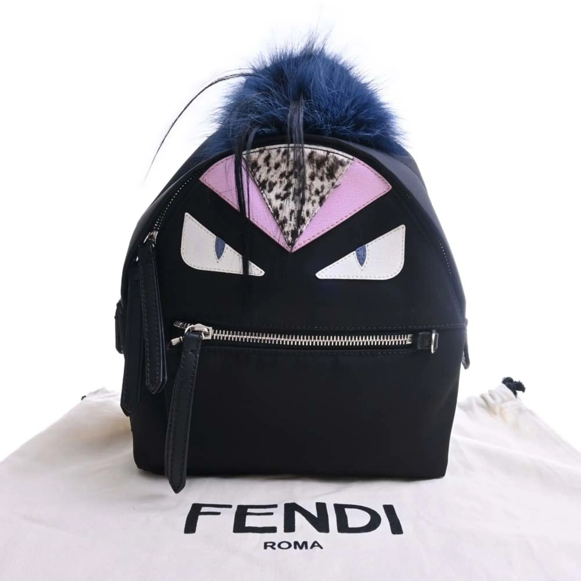 FENDI Nylon Monster Bag Bugs Backpack Rucksack 8BZ038 Black Ladies