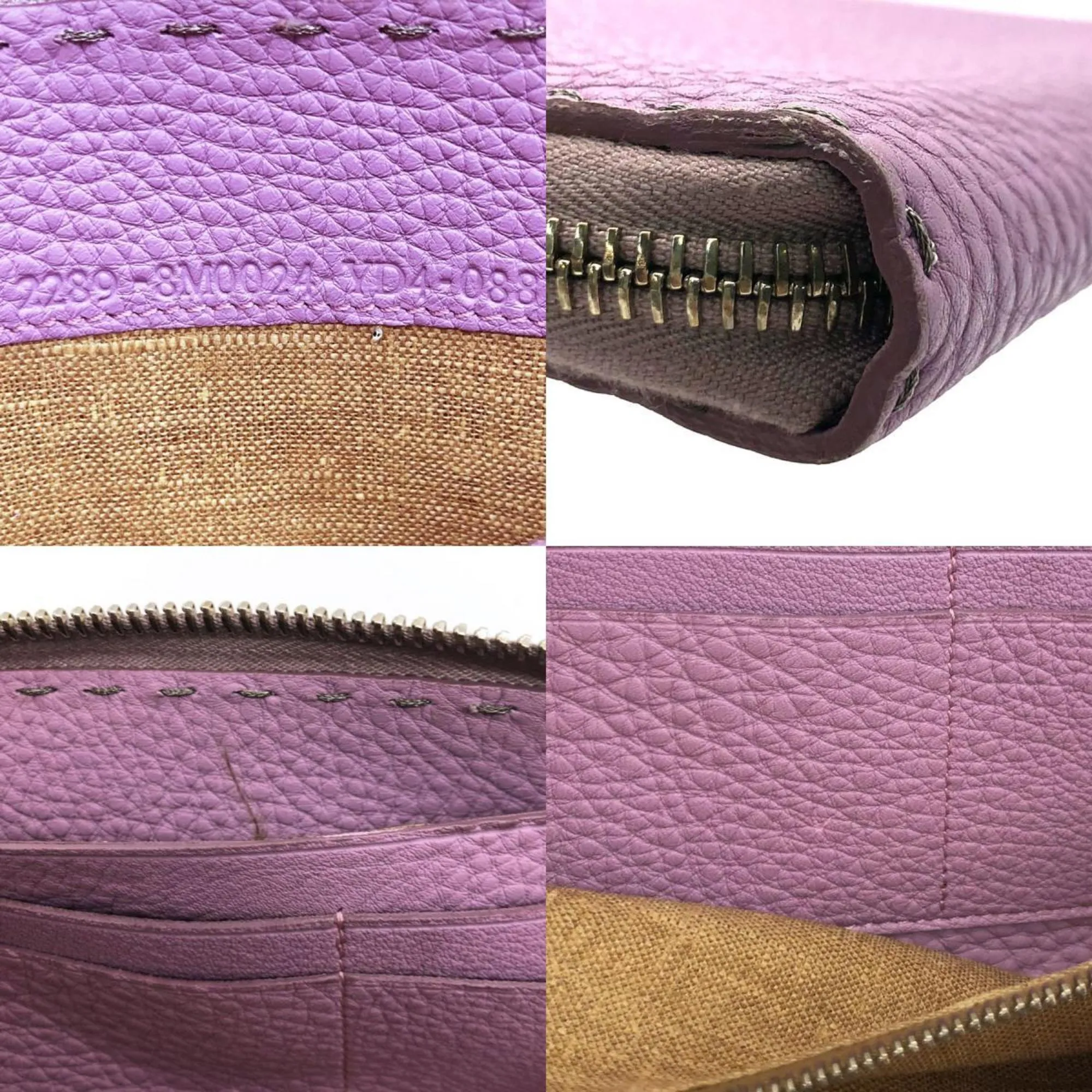 FENDI Round Zipper Long Wallet Selleria Leather Purple Ladies