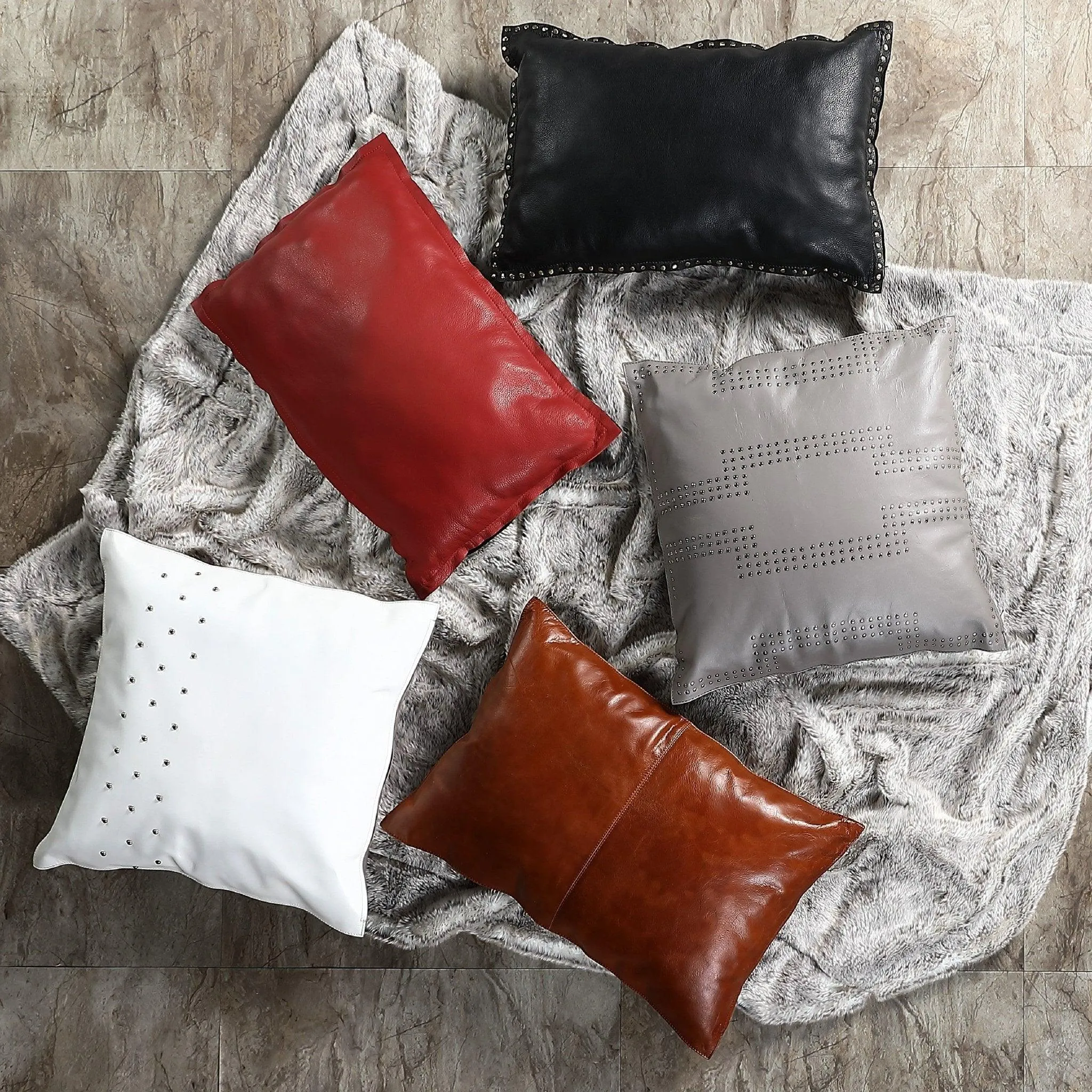 Genuine Grey Leather Studded Throw Pillow