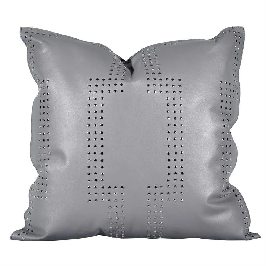 Genuine Grey Leather Studded Throw Pillow