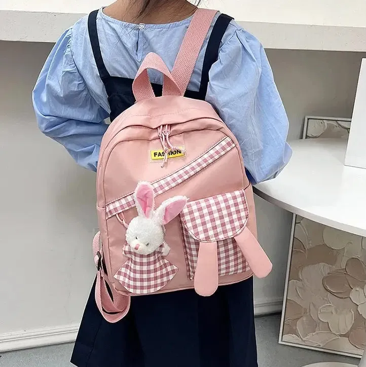 Girls Gingham Rabbit & Letter Patch Decor Functional Backpack 2919