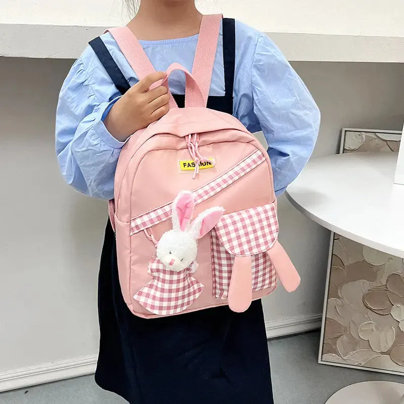 Girls Gingham Rabbit & Letter Patch Decor Functional Backpack 2919