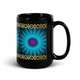 Glowing Fractal with Gold Trim Black Glossy Mug