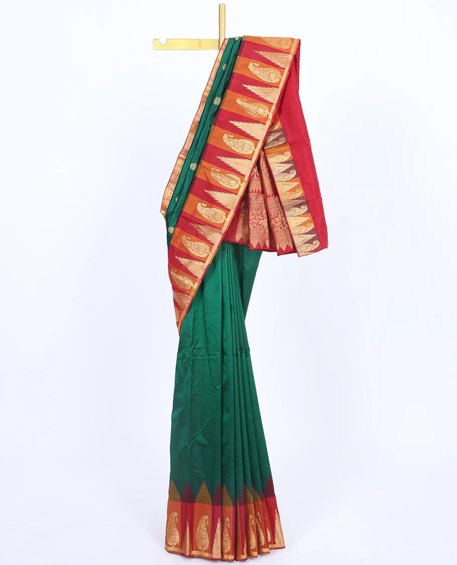 Green Bangalore silk saree with buttas, contrast vidarbha border of unique designs & pallu of intricate designs