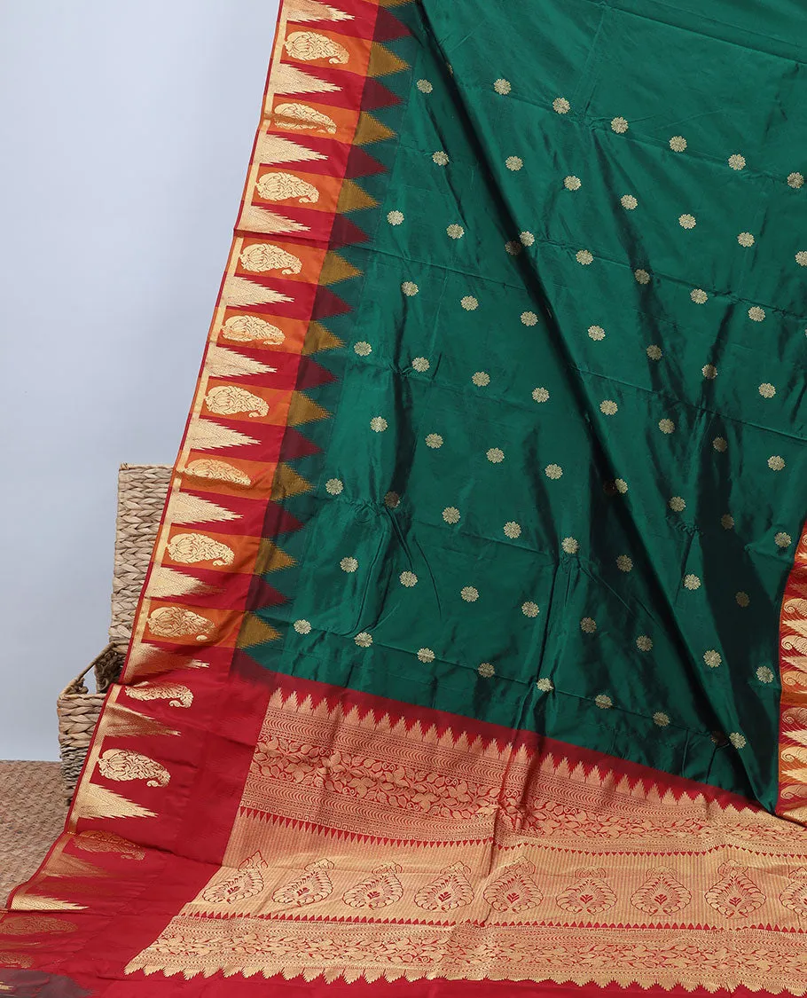 Green Bangalore silk saree with buttas, contrast vidarbha border of unique designs & pallu of intricate designs